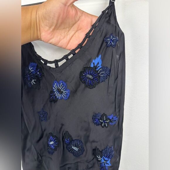 Poupette St Barth Black Satin Embroidered Floral Side Slit Maxi Resort Dress - Picture 3 of 10